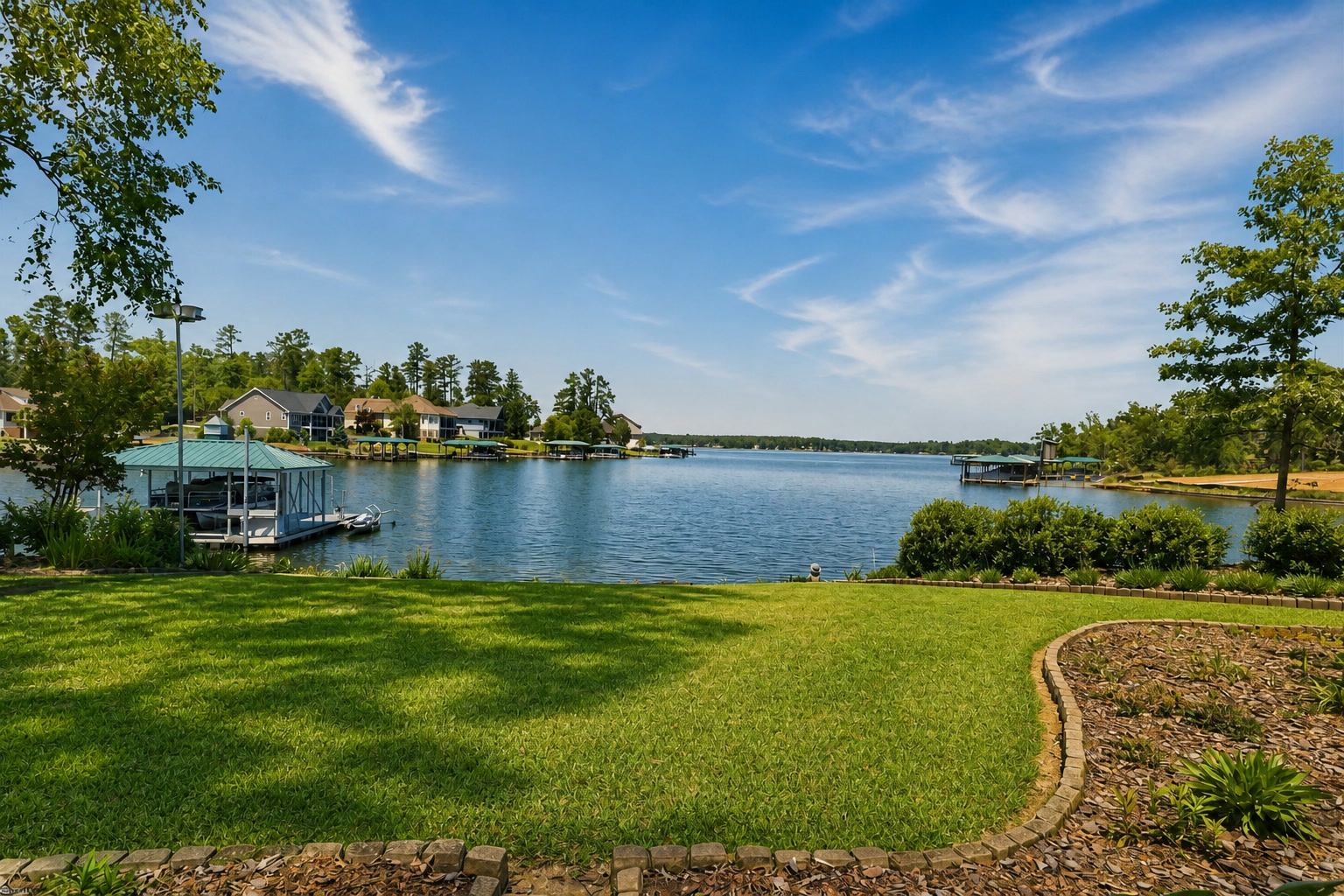 Lake Greenwood shoreline with lawn and dock